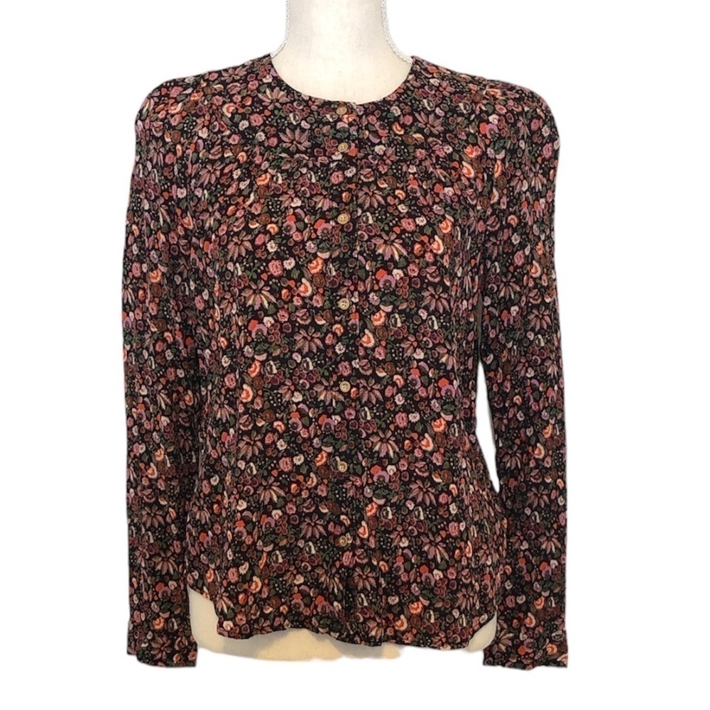 ANTHROPOLOGIE MAEVE Blouse Women's Size Small Black Pink Orli Ditsy Floral
